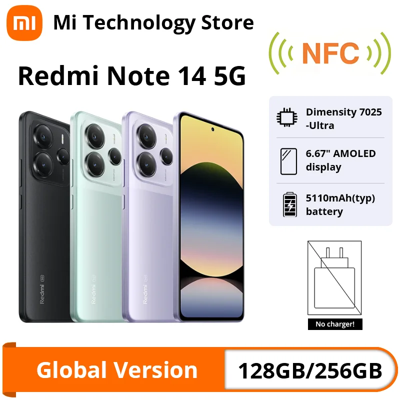 Xiaomi Redmi Note 14 5G Smartphone European Version NFC MTK Dimensity 7025-Ultra 108MP Camera 5110mAhOLED 120Hz,Al 108 MP camera