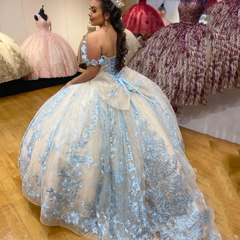 EVLAST Personalizzato Champagne Principessa Abito di Sfera Abito stile Quinceanera con Spalle Scoperte Applique in Pizzo Dolce 16 Abiti da 15 Anos TQD041