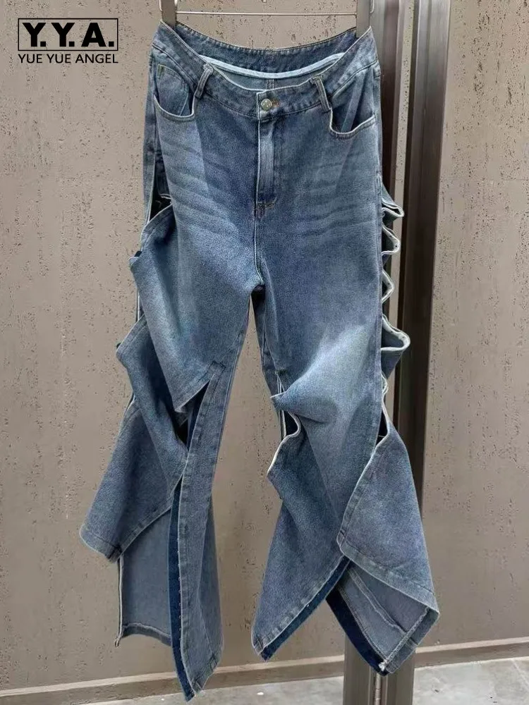 

Streetwear Female High Waist Distressed Denim Pants Fashion Solid Color Ladies Pockets Trousers Loose Button Hollow-Out Jeans