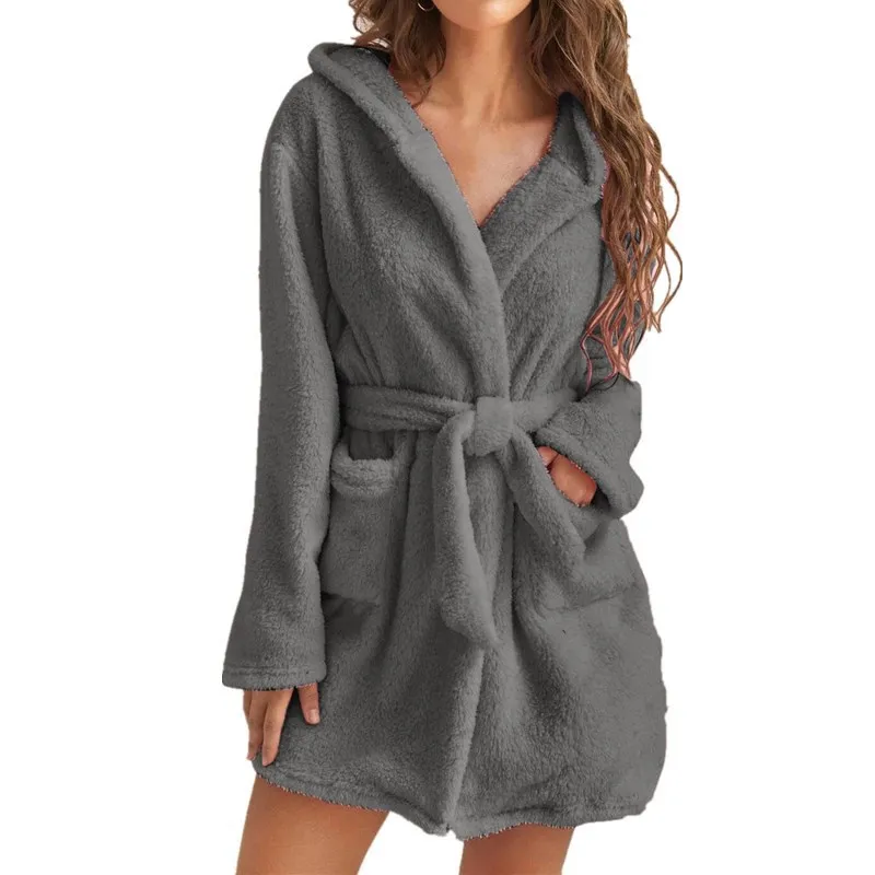 Robe de dormir com capuz feminino com bolsos, pijama casual feminino, cor pura, espessado, quente, simples, pijama de casa, inverno