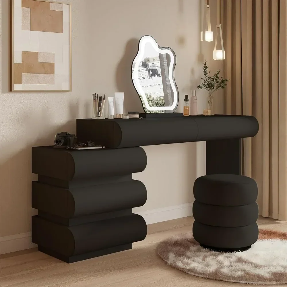 Eco-Friendly luxury makeup vanity desk with illuminated mirror and retractable side cabinet, wrapped in microfiber leather