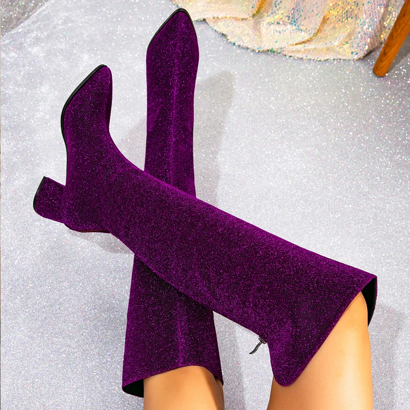 

Aneikeh Winter Long Botas Sequin Cloth Pointed Toe Women Over The Knee Boots Fashion Square Heels Zipper Shoes De Mujer