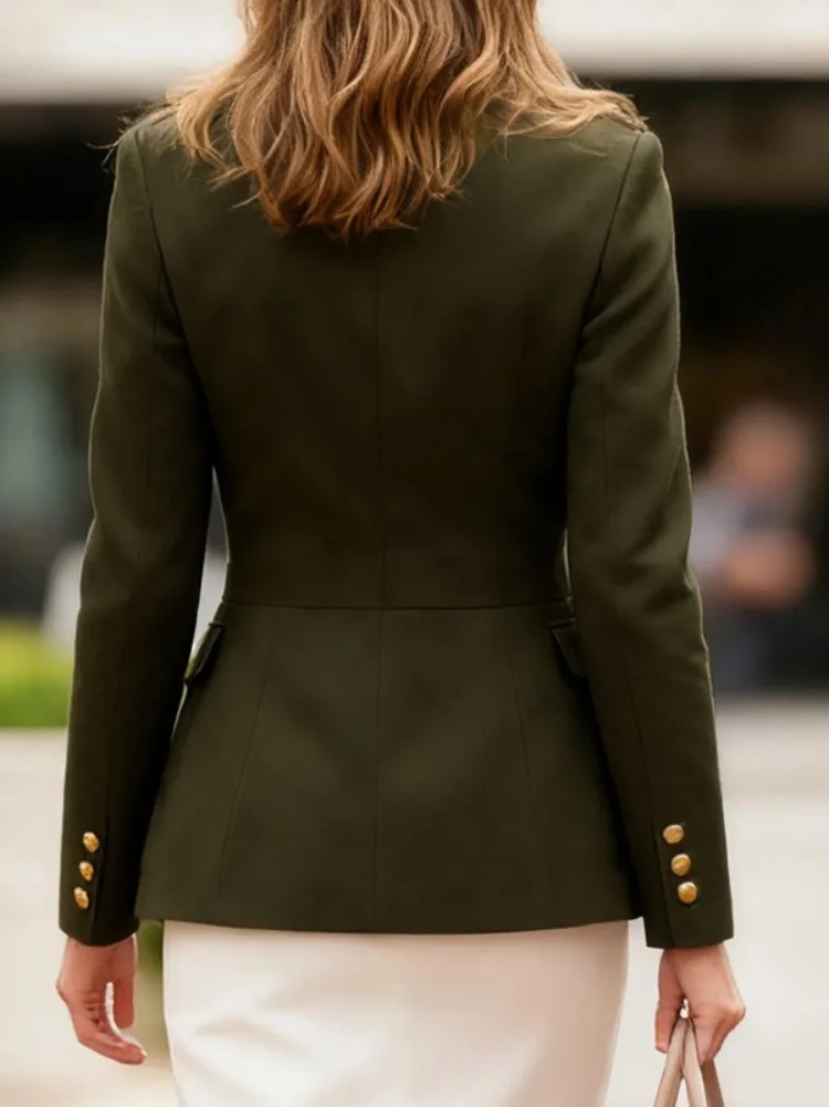 Women's Fashion Solid Color Multiple Pocket Stand Collar Jackets Long Sleeves Buttoned Urban Casual Office Blazer Coats