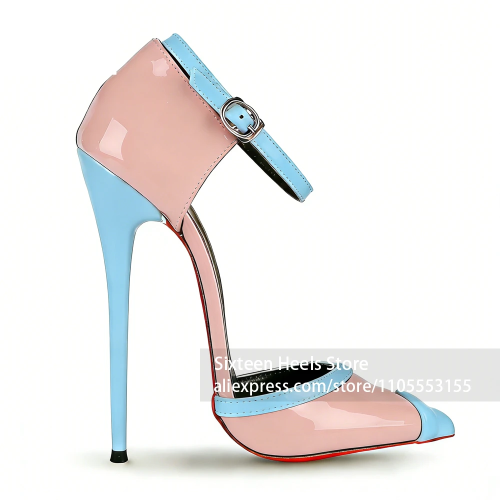 

16cm Lacquered Heel Mixed Colors Pumps Pink and Blue Patent Leather High Heeled Stilettos Ankle Buckle Pointed Shoes for Summer