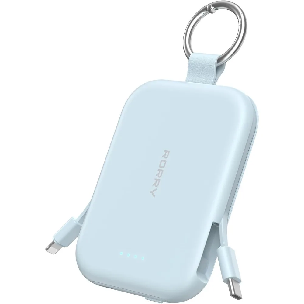 5000mAh Keychain Power Bank with Built-in Cables Portable Charger for iPhone AirPods Blue