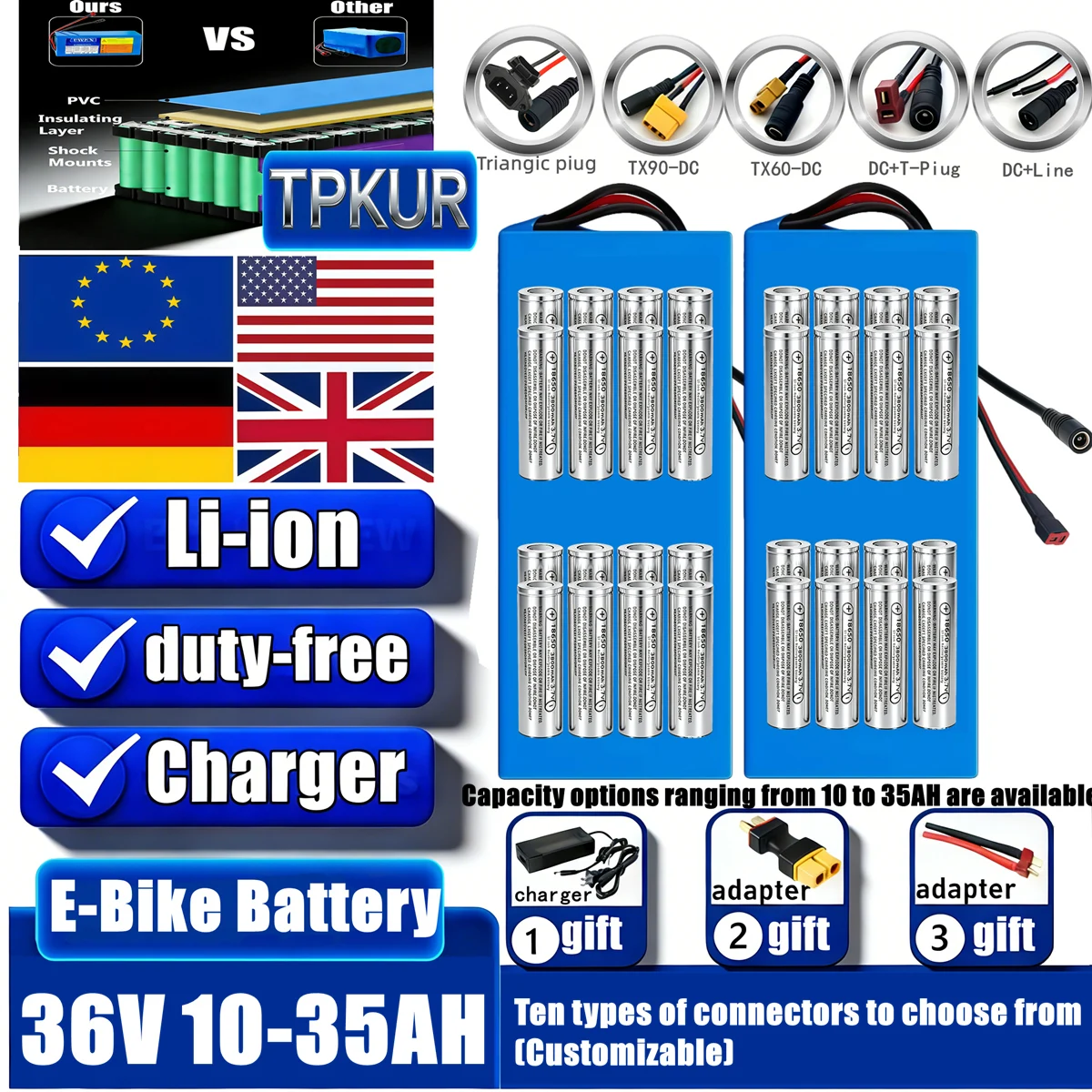 TPKUR High Capacity 18650 Lithium Battery Pack 36V 10S6P 12AH 16AH 20AH 26AH Built-in BMS For 250-1500W Electric Scooter Ebike