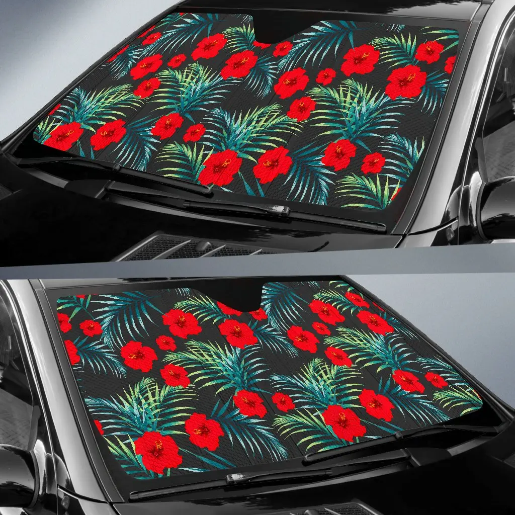 Tropical Hibiscus Leaves Pattern Print Car Sun Shade