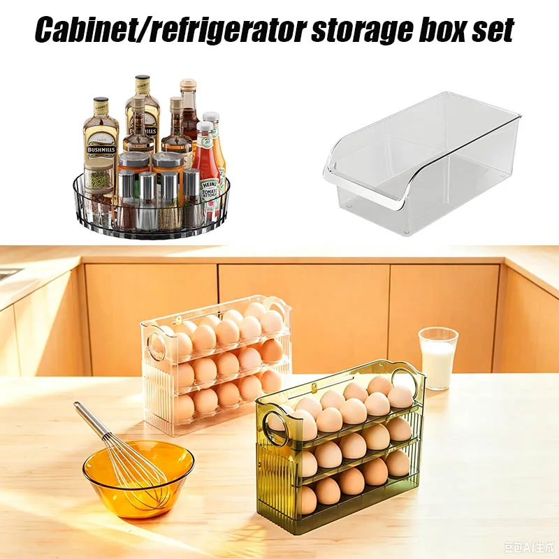 Multi-function Kitchen Storage Kit, Rotating Spice Rack, Clear Fridge Organizer Bin & Auto Rolling Egg Container, Pantry Cabinet