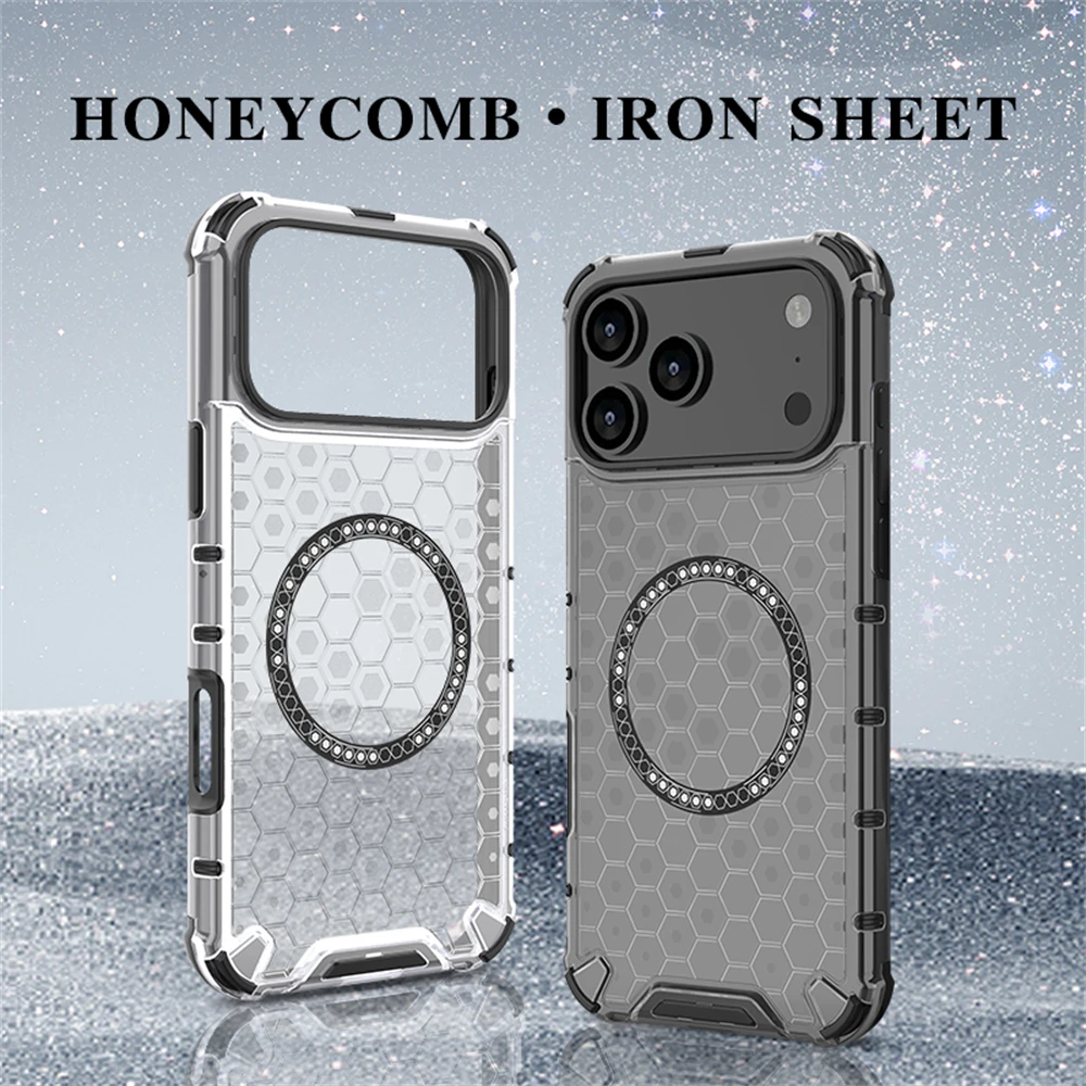 

Magnetic Honeycomb Texture Case for iPhone 17 Air 16 15 14 13 12 11 Pro Max Plus X XS XR For Magsafe Transparent Bumper Cover