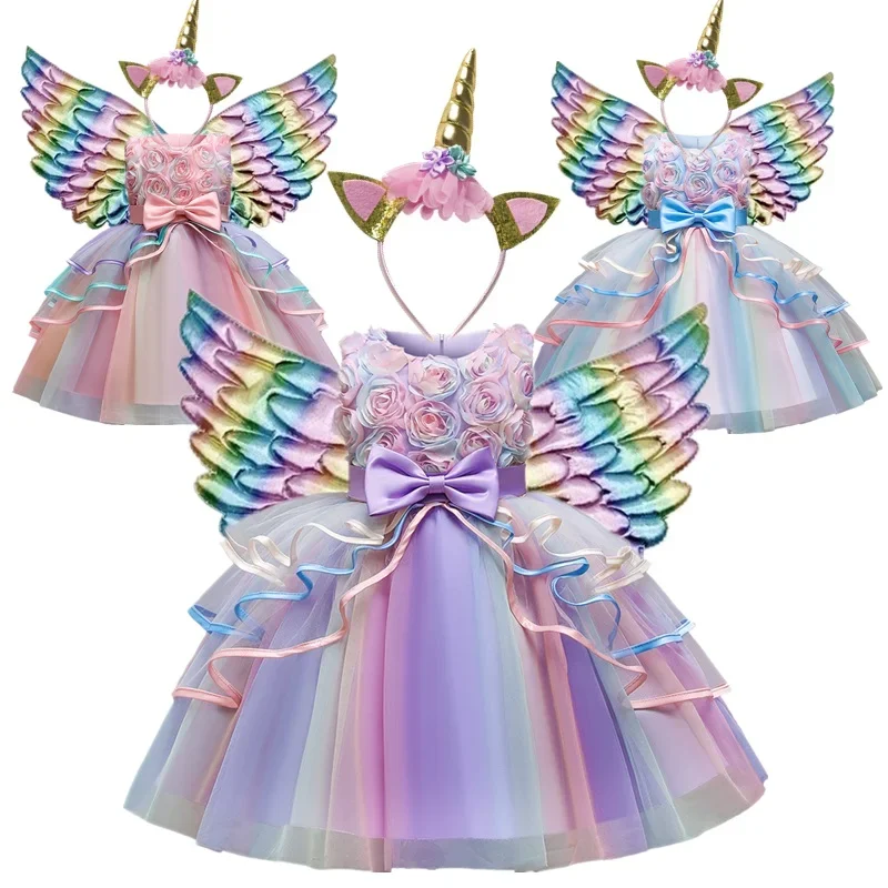 Unicorn Dress for Girls Birthday Party Outfit Flower Ball Gown Rainbow Princess Dress Kid Halloween Xmas Cosplay Unicorn Costume