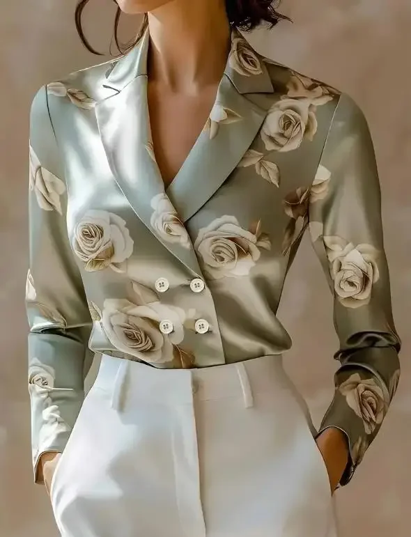 New Fashion Flower Printed Double Breasted Long Sleeve Shirt for Women's Autumn Temperament Commuting Women Elegant Blouses
