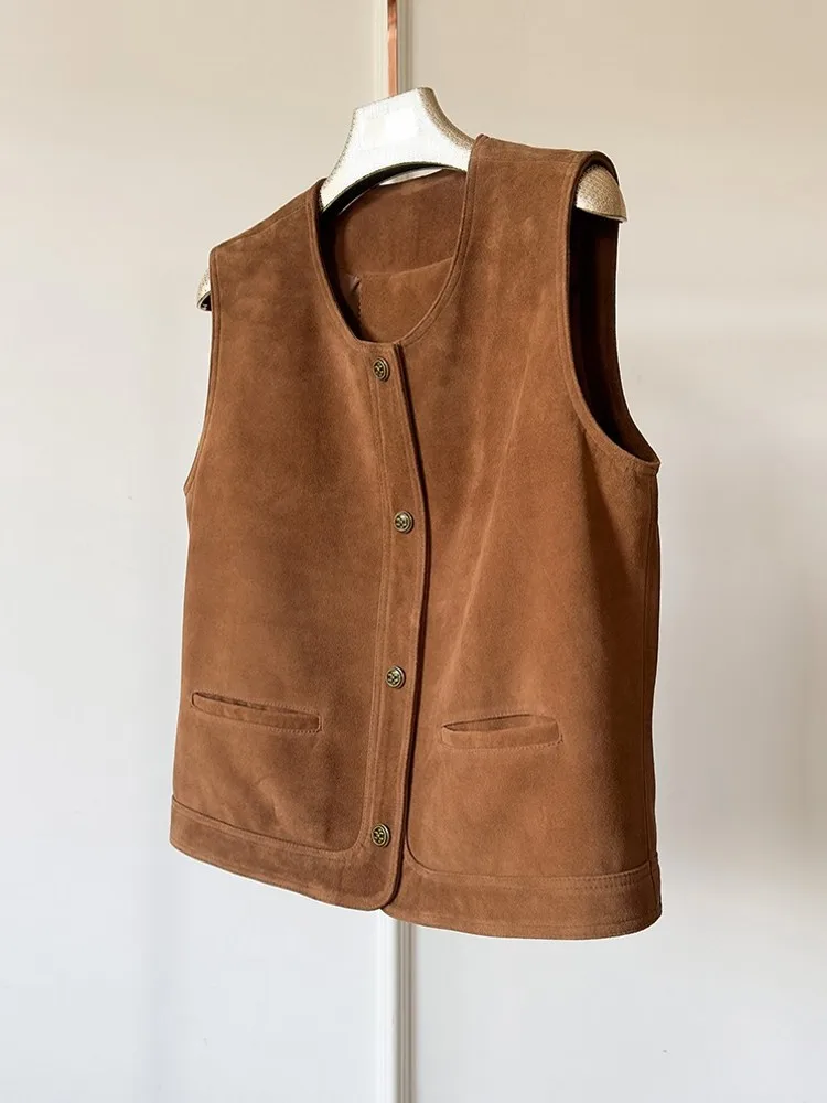 Elegant Female Fashion O Neck Real Suede Leather Loose Vest Single Breasted Office Waistcoat Lady Loose Genuine Leather Jacket