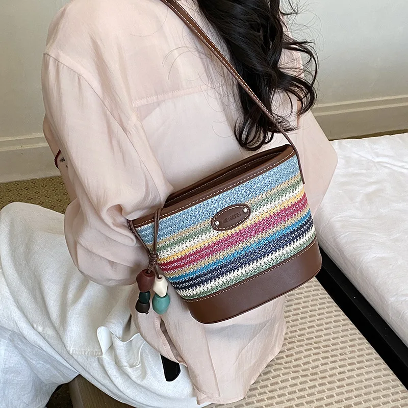High value versatile classic rainbow color bucket bag Internet celebrity simple bucket bag hot-selling oblique span women's bag