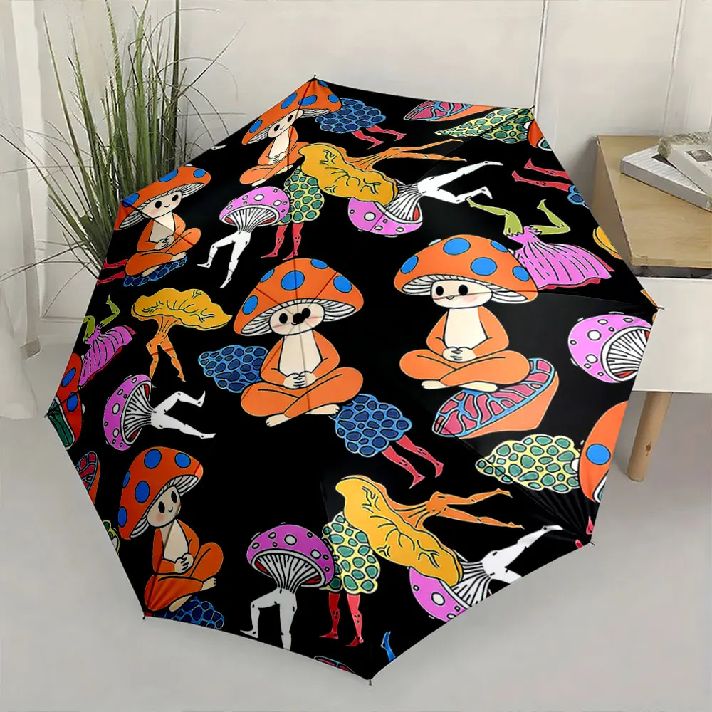 1PC Whimsical Design: Mushroom Characters and Vibrant Colors Print 8 Iron Ribs Folding Umbrella Auto-Open Fashion Sunshade