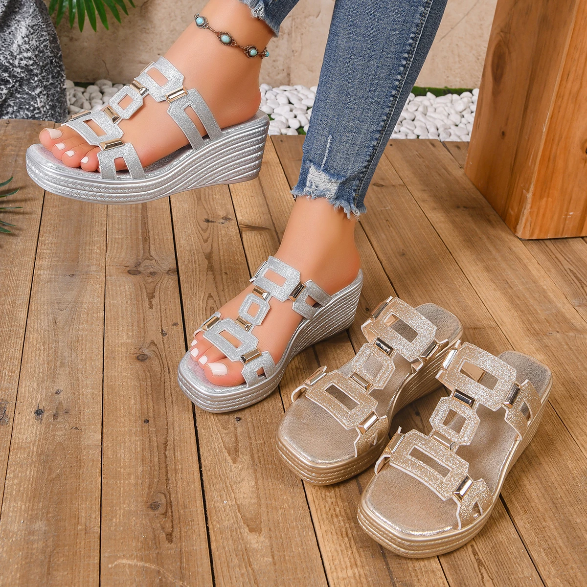 Women Sandals Glitter Wedge Shoes for Women Metallic Square Chain Strap Shoes Chunky Heel Summer Dressy Sandals Zapatos De Mujer