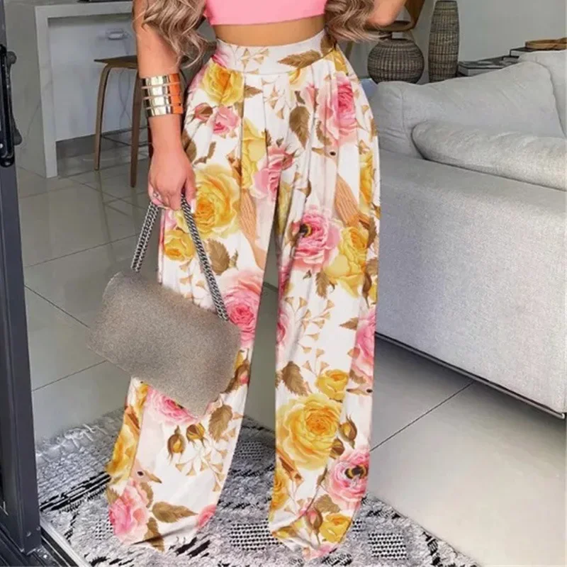 New Streetwear Womens Clothing Elastic Waist Trousers Cotton Blend Multi-element Printing Loose-fitting Casual Wide Leg Pants