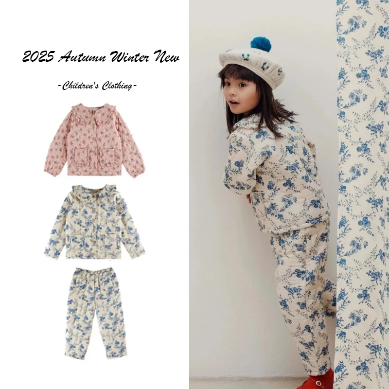 

2025 Autumn Winter New EM Brand Girls' Retro Printed Jacket Cotton Jacket Cotton Pants Set Warm Girls' Set Children's Clothing