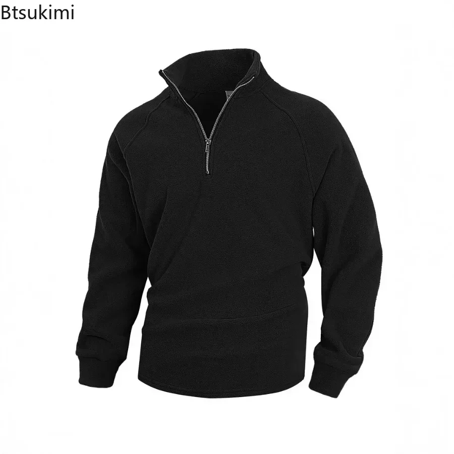 2025 Men's Stand Collar Half Zipper Sweatshirts Loose Casual Coral Fleece Warm Pullover Tops Outdoor Sport Training Hoodies Male