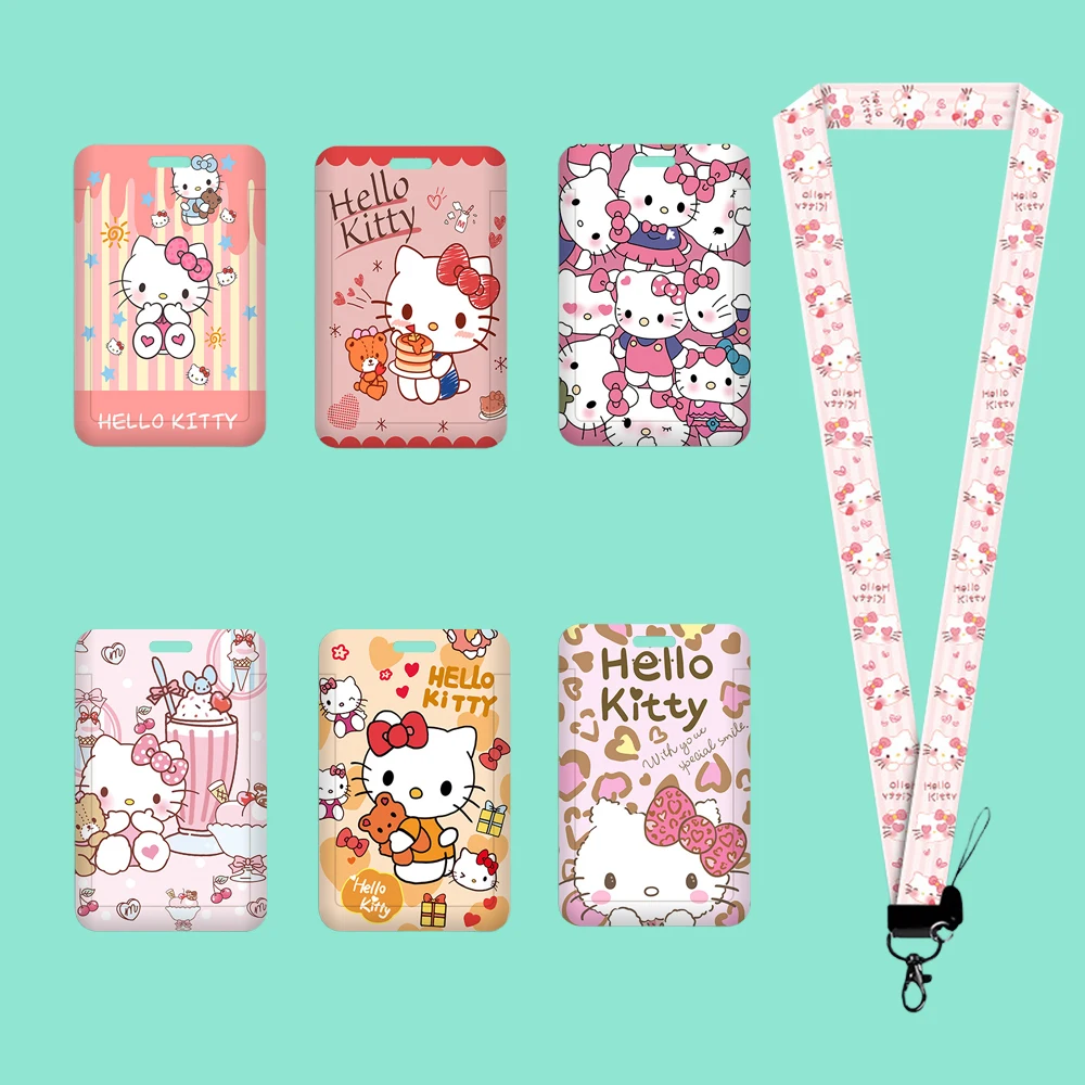 Soporte para tarjeta de identificación de Hello Kitty con cordón Kt Cat, funda para tarjeta de autobús para estudiantes, cordón para teléfono móvil, regalos para la vuelta a la escuela