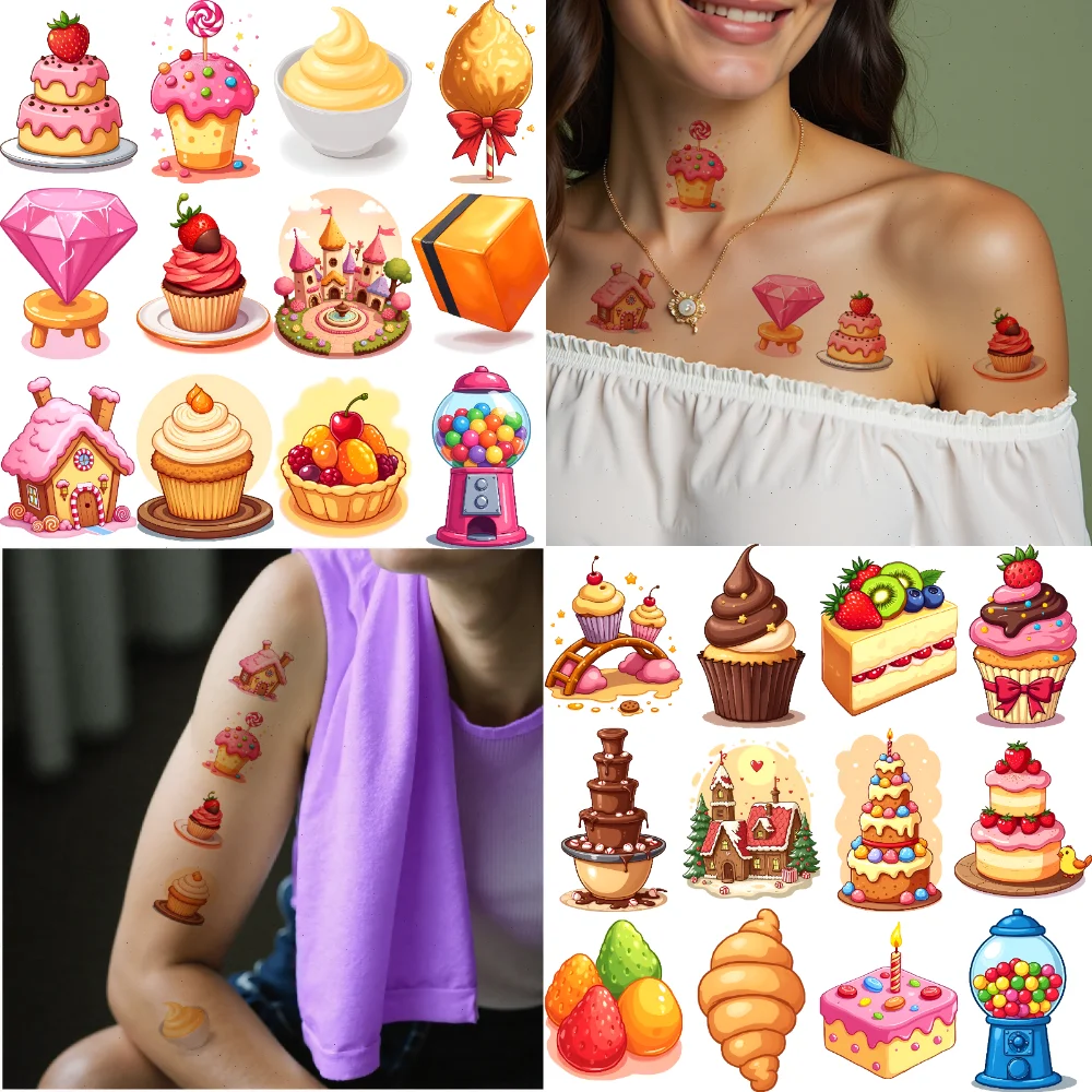 

63pcs Temporary Tattoo Sweet Decals Cartoon Candy Stickers Temporary Tattoo Stickers For Women Shoulders Arms