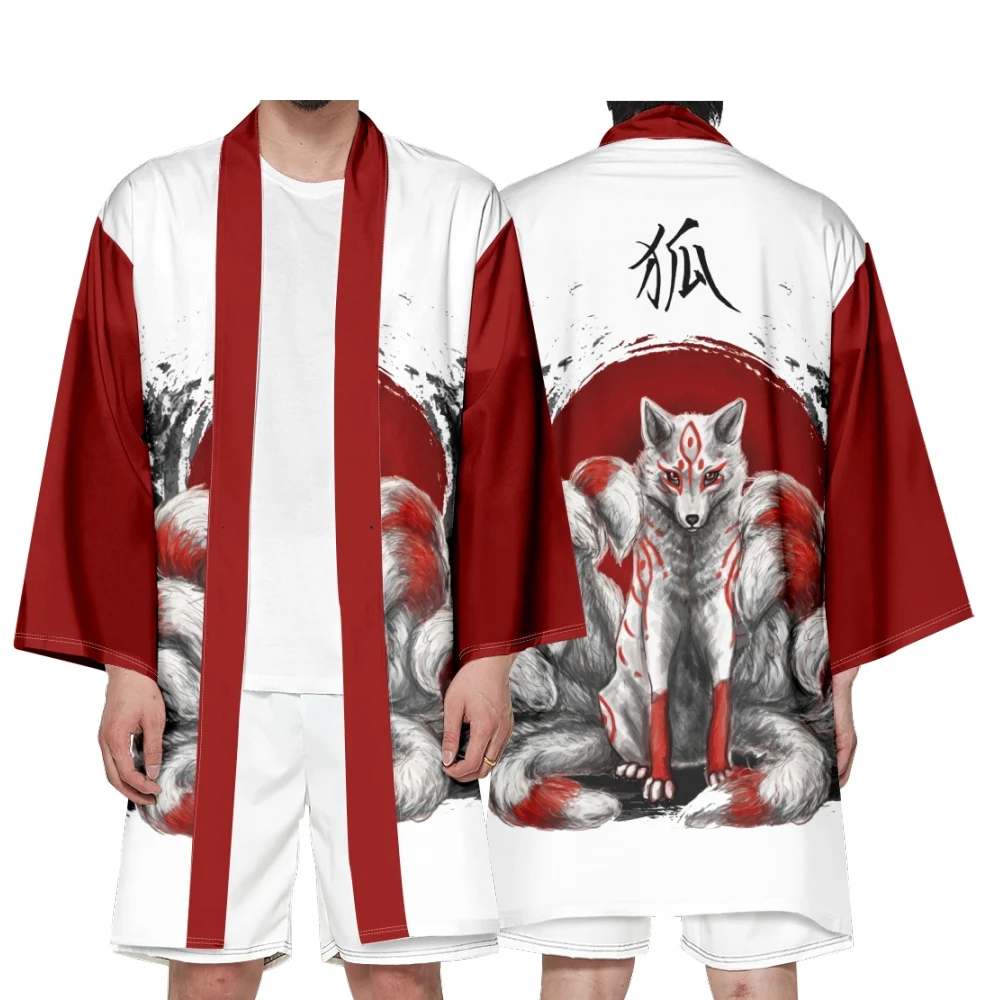 

Men's Japanese Long Kimono Cardigan Men's Samurai Costume Kimono Nine Tailed Fox Pattern Kimono Shirt Yukata Outer Cover