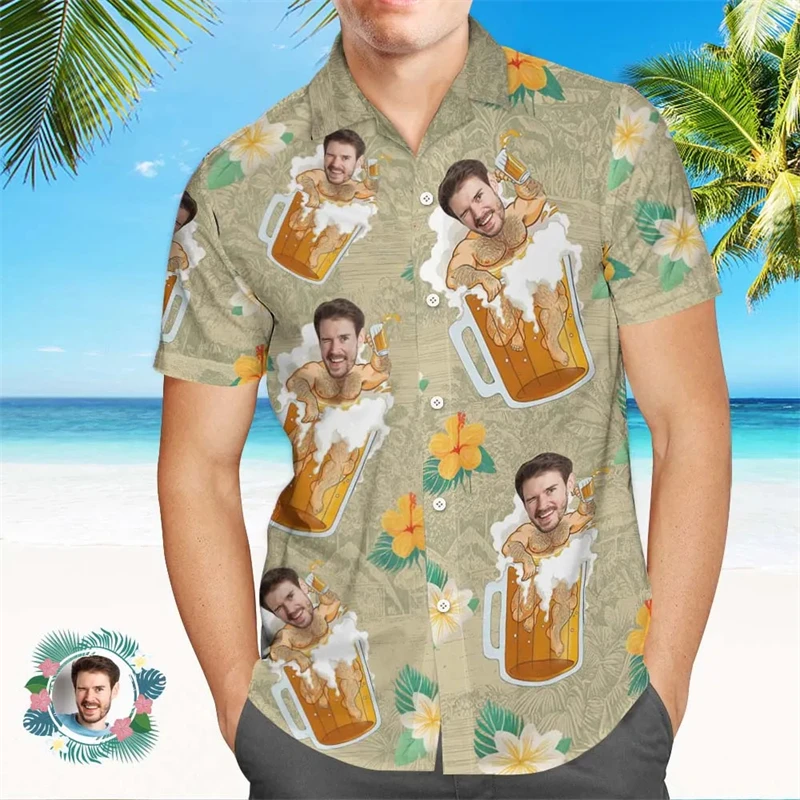 Custom Photo Hawaiian Shirts For Men Hot Sale Personalized Face Short Sleeve Button Shirt Street Funny Beer Lover Aloha Shirts