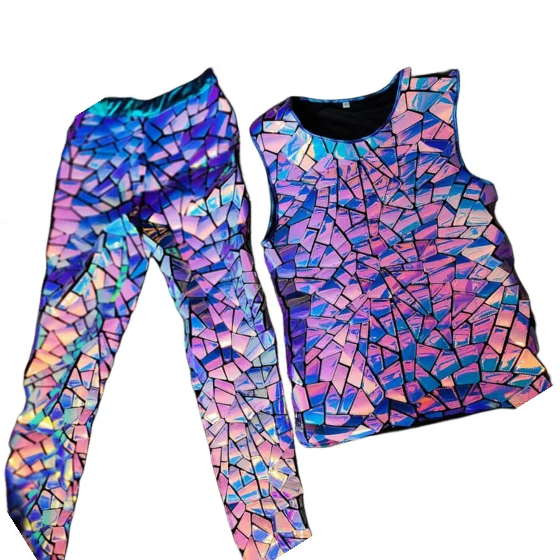 Male Purple Blue Laser Mirror Dance Costume Sequins Vest Pants 2 Piece Set Jazz Hip Hop Performance Stage Outfit Party Clothing