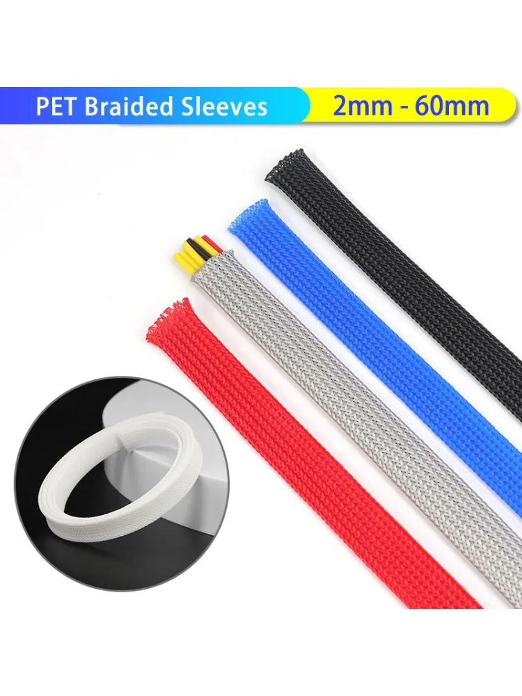 Gaine tressée en PET résistante à l'abrasion et à la chaleur pour protection de câbles automobiles/électriques, flexible, 2/5/10M, 2mm-60mm