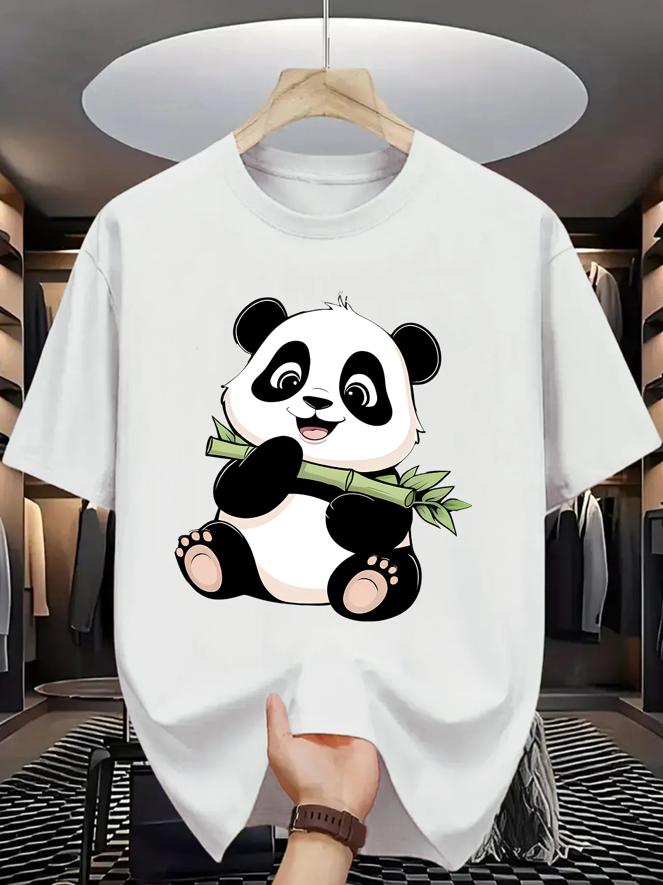 Cartoon Panda Print Men Short Sleeve Tshirt Lovely Panda Holding Bamboo O Neck Tee Animal Style Male Street Fashion Tops