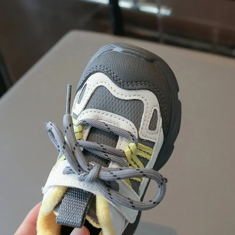 Winter Sport Shoes For Children PU Leather Thick Warm Boy's Girl's Padded Cotton Shoes Anti-slippery Kid's Plush Footwear