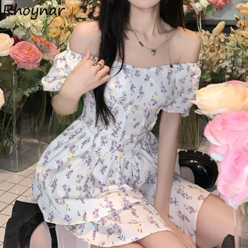 

Dresses Women Korean Style Floral Short Sleeve Ruffles High Waist Slim A-line Fairycore Korean Fashion Girlish College Summer