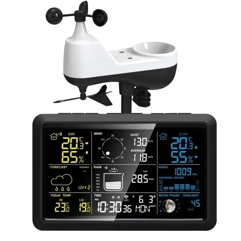Super-clear Plastic OLED Large Screen Android Smart Weather Station | WiFi 7-in-1 Outdoor Sensing Wind/Rain/UV Real-Time