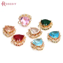 6PCS 14x17MM High Quality Champagne Gold Color Brass and Zircon and Glass Heart Charms Pendants Jewelry Making Diy Accessories