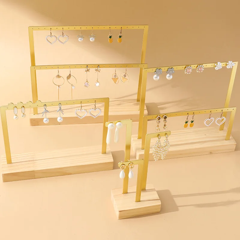 

Elegant Metal Jewelry Rack With Wood Base, Ear Studs Drop Earrings Necklace Display Storage Holder Counter Showcase Props