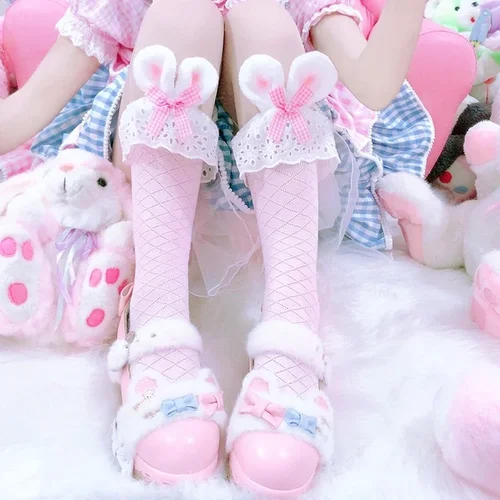 Imagen 2 del producto Calcetines térmicos de encaje a rayas con lazo y Orejas de conejo liso japonés Lolita, regalos de Navidad para mujer, calcetines de Cosplay Kawai a la moda para niñas