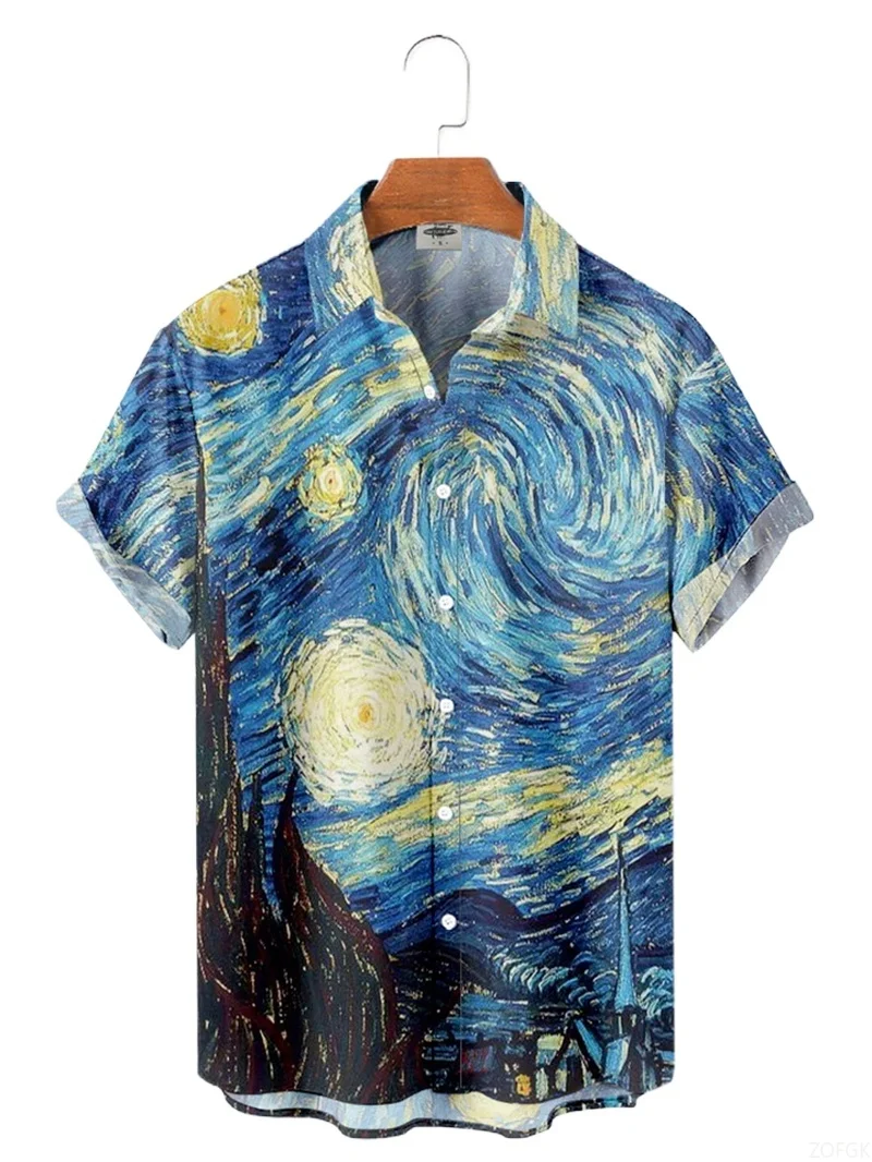 Men Shirts 3d Geometric Art Colorful Abstract Oil Painting Printed Men's Short Sleeve Shirts Fashion Unisex Hawaiian Button Top