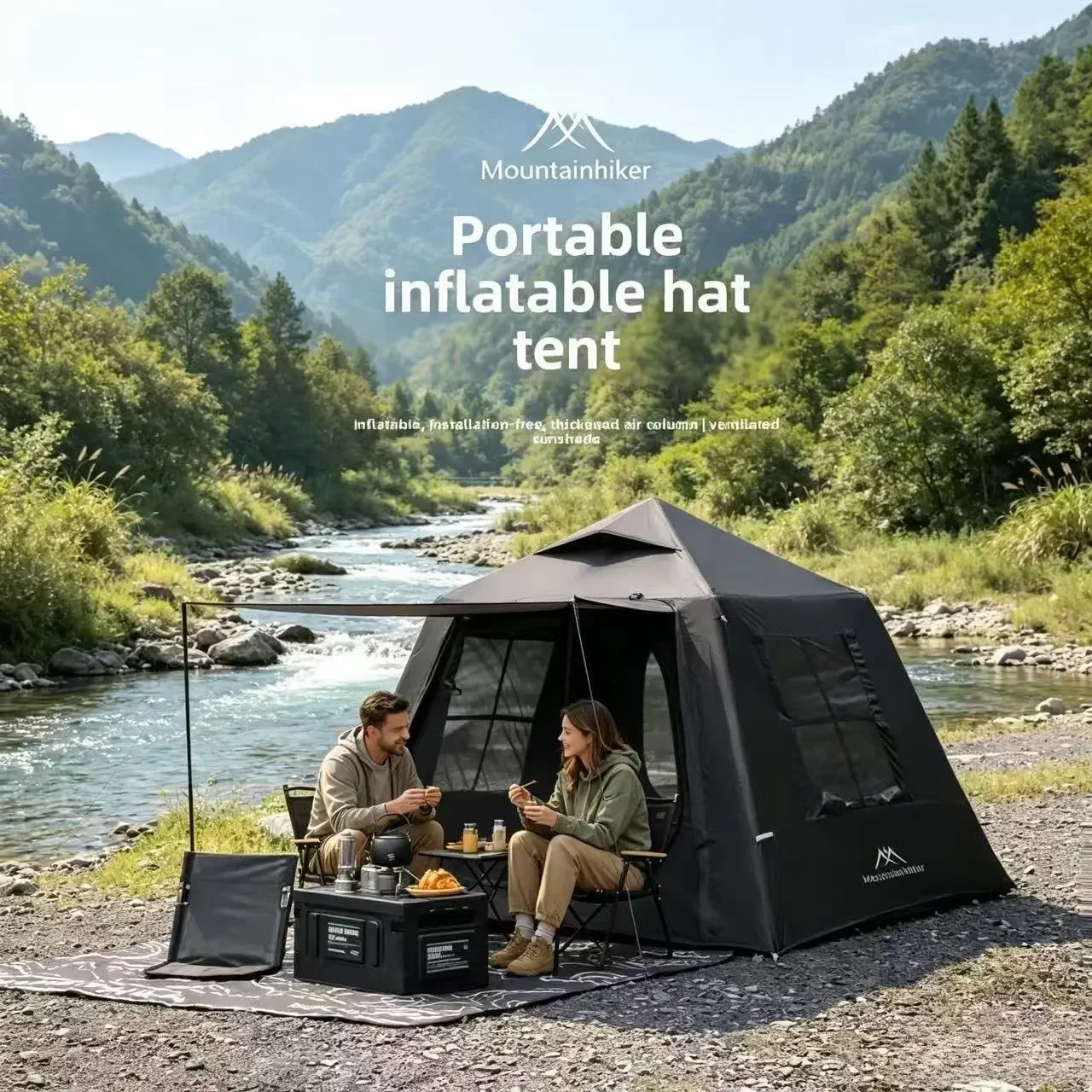 Mountainhiker 3-4Person Inflatable Glamping Tent, Khaki Tent with Mesh Windows & Hand Pump with Extra-Large Canopy Living Room view 2