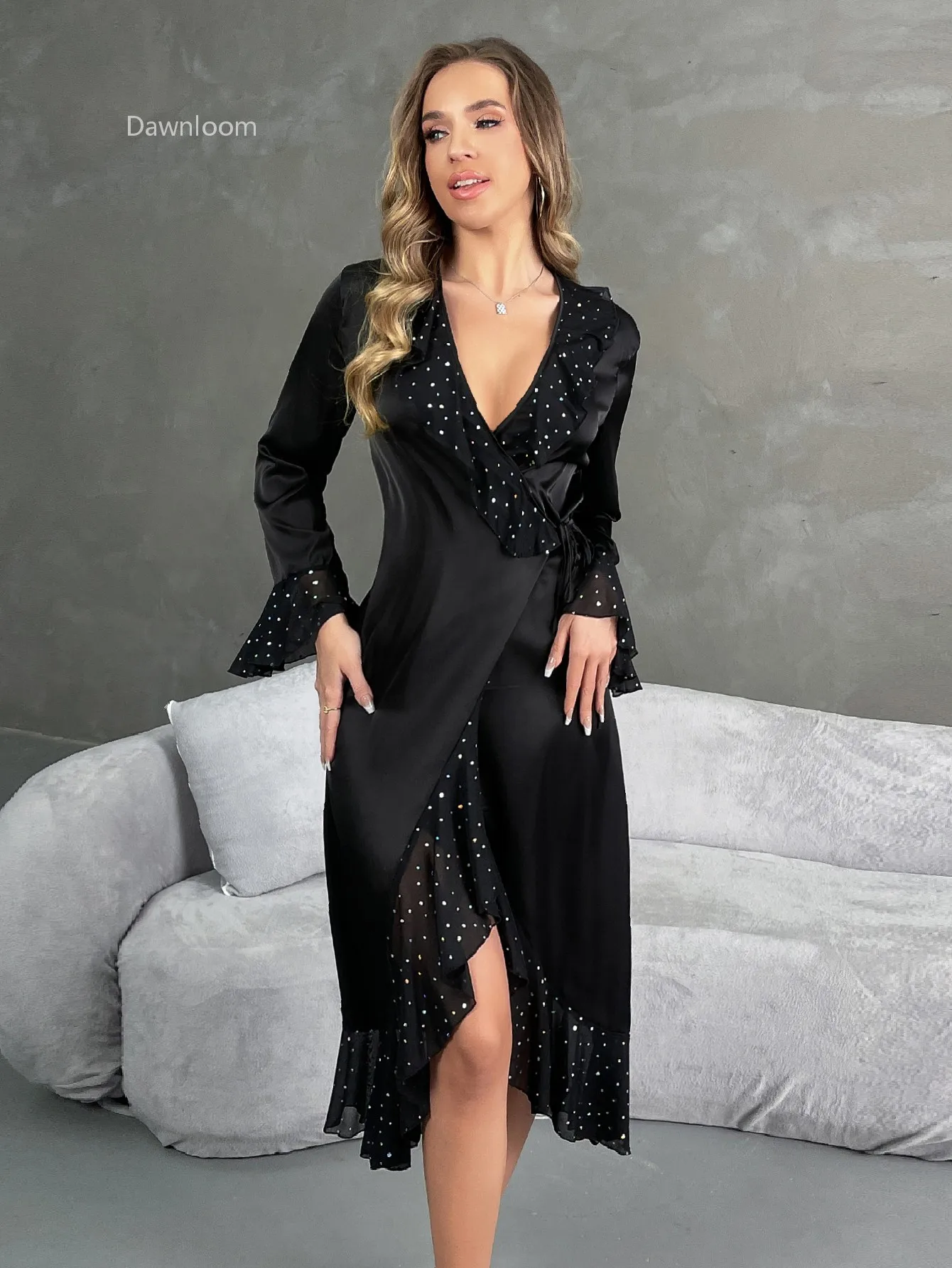 

Dawnloom Black Satin Sparkle Polka Dot Deep V Bell Sleeve Tie-Waist Robe for Women Luxury Sexy Home Loungewear