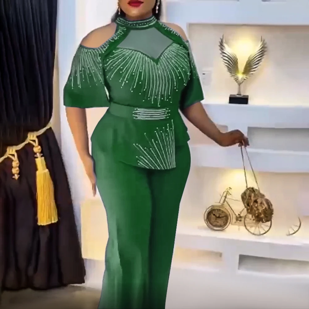 Roupa de festa africana dashiki para mulheres, tamanho grande, roupas ankara, tops de diamante, calças, moda verão, conjunto de 2 peças, 2022