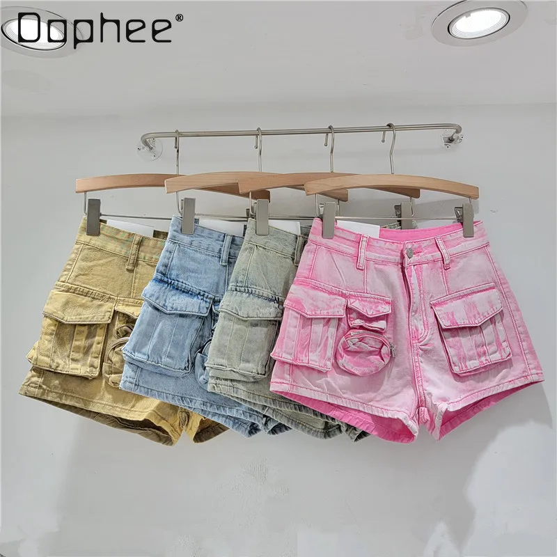 Hot Girl Overalls Denim Shorts 2024 Summer New Loose All-Match Washed A- Line Slimming Wide Leg Short Jeans Hot Pants for Women