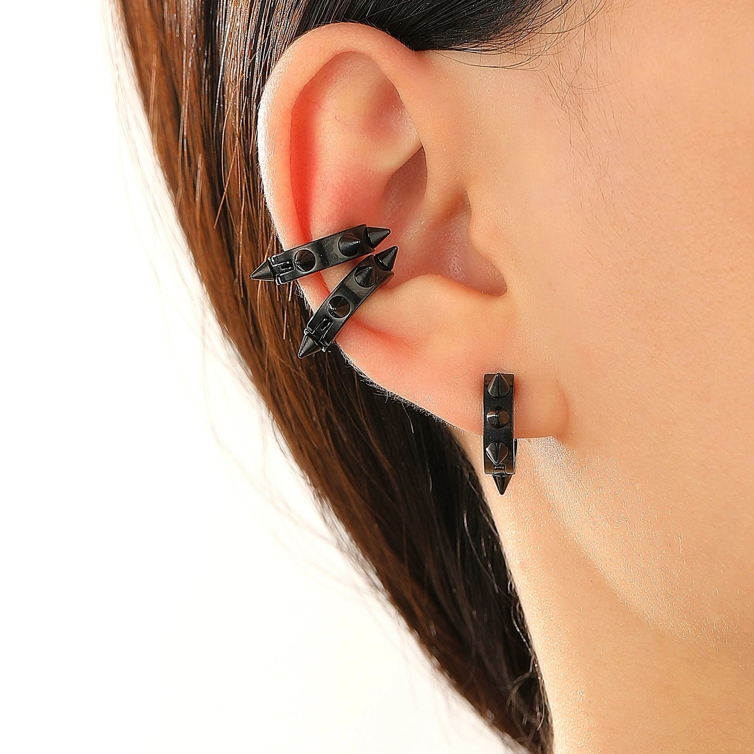 3Pcs Stainless Steel Gothic Punk Clip Earrings Unisex Spike Rivet Cross Non-Pierced Earrings Hip Hop Style Party Jewelry Gifts view 2