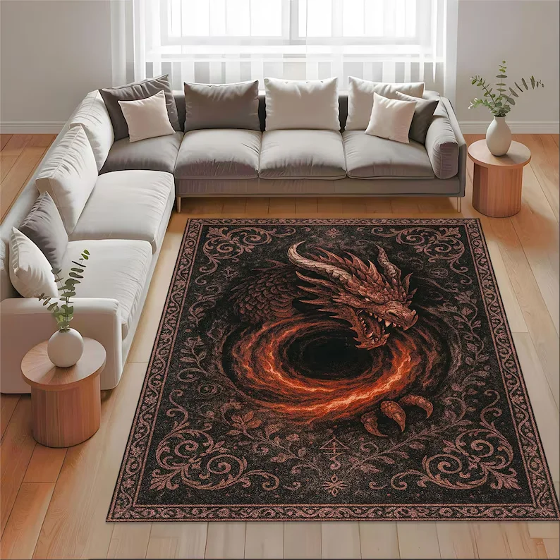 Black Rug Gothic Fantasy Carpet Dark Fire Area Rug Creature Decor Game Room Rug Red Black Spiral Rug Medieval Style Floor Mat