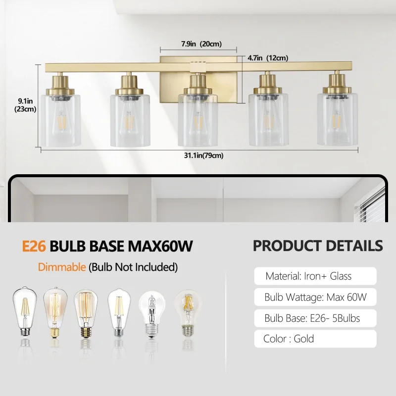 

Clear Glass Gold Wall Light for Bedroom, Modern Brushed Brass Sconce 5-Light, E26 Base Industrial Wall Lamp for Hallway, Living Room, 31 inch Wide