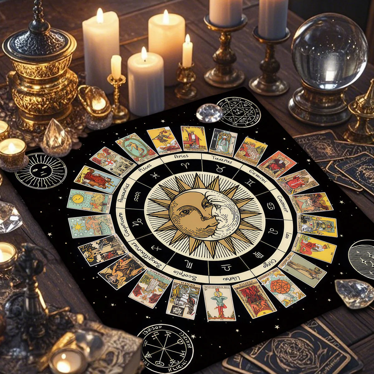 Sun & Moon Tarot Cards Tablecloth Tarot Reading Cloth Moon Phase Changes Altar Cloth for Tarot Enthusiasts Use Divination Decor