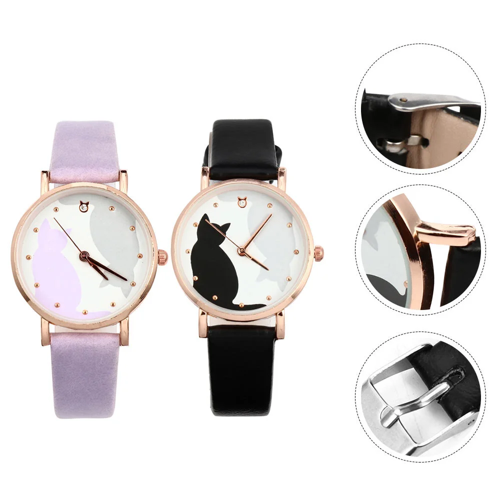 2Pcs Quartz Watch with Cute Kitten Pattern Fashion Cartoon Wristwatch for Accurate Timekeeping Comfortable Wear All