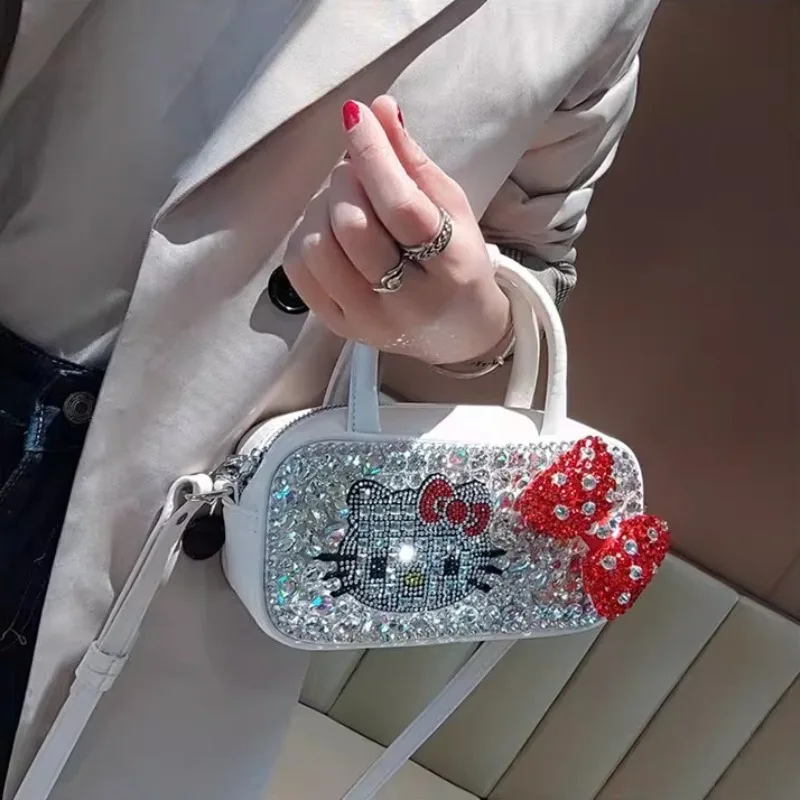 

Hello Kitty Shoulder Bag Women's Luxury Handbag Purse Large Capacity Rhinestone Genuine Leather for Daily Use