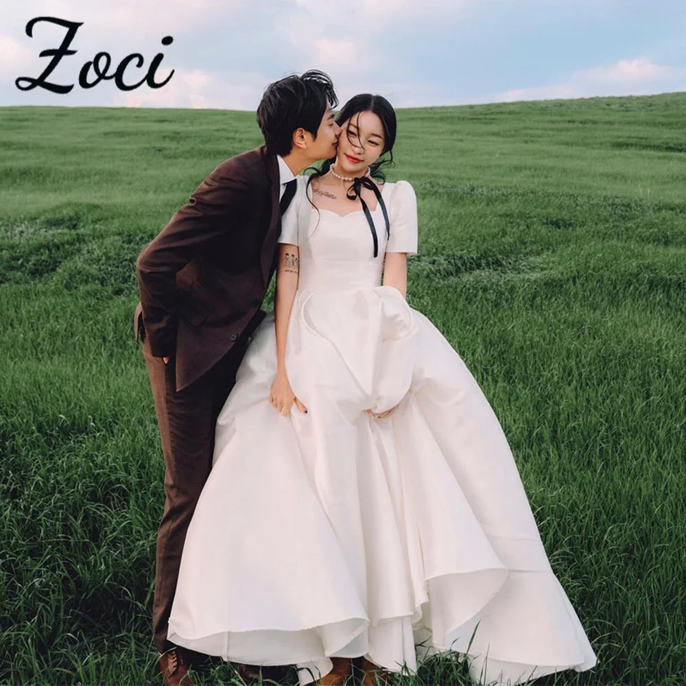 

Zoci Simple Sweetheart Korea Wedding Dresses Short Sleeve Customized Taffeta Bride Dress Photo Shoot Corset Draped Bridal Gown