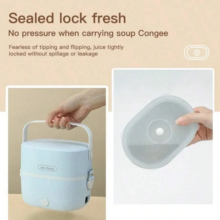 Portable Lunch Box 2 Layers Leak-proof Sealing Liner Food Heater Warmer Automatic Power Off 1L Rice Cooker for Office Dormitory
