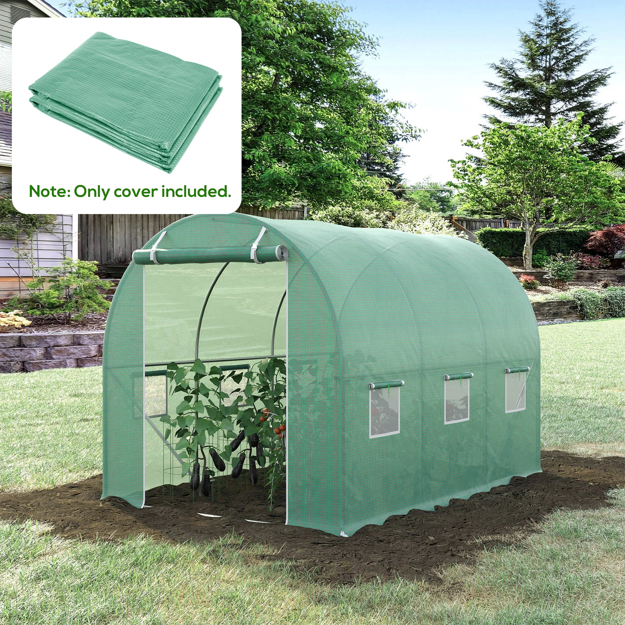 

9.8' X 6.6' X 6.6' Plastic Greenhouse Cover Replacement, Heavy Duty Waterproof Tarp for Hoop House, Sheeting with 6 Windows, Door & Reinforcement Grid, Green