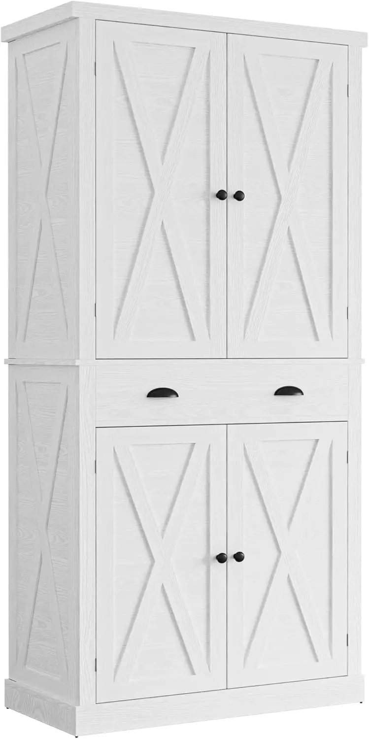 

Kitchen Pantry Storage Cabinet 72.6' H, with Barn Doors, Drawer, 4 Adjustable Shelves, Freestanding Cupboard, Laundry, White
